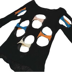 Vintage Unique Black Sweater with Cut-Outs & Colorful Accents